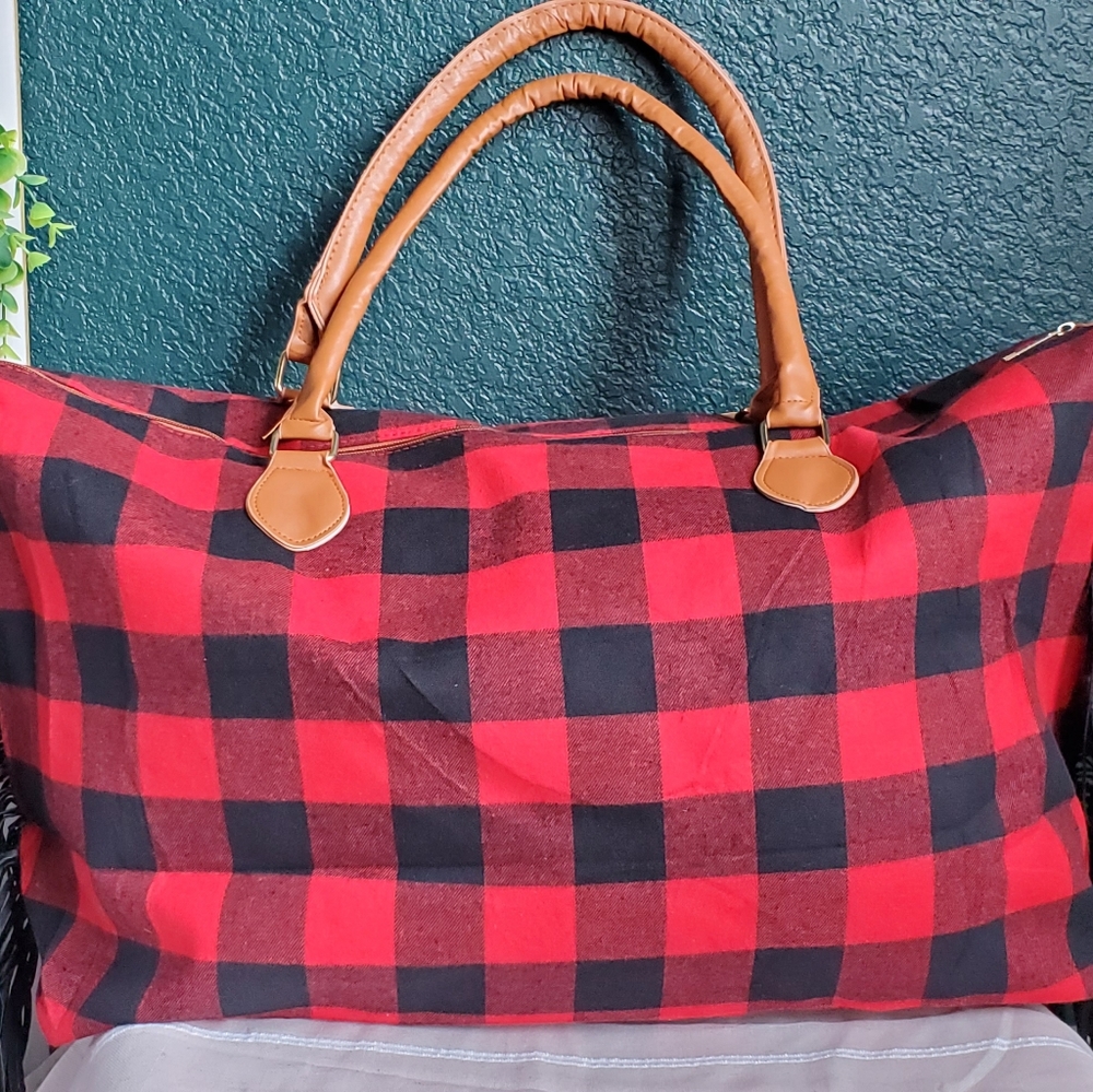 Red Buffalo Plaid Print Fringe Weekender…